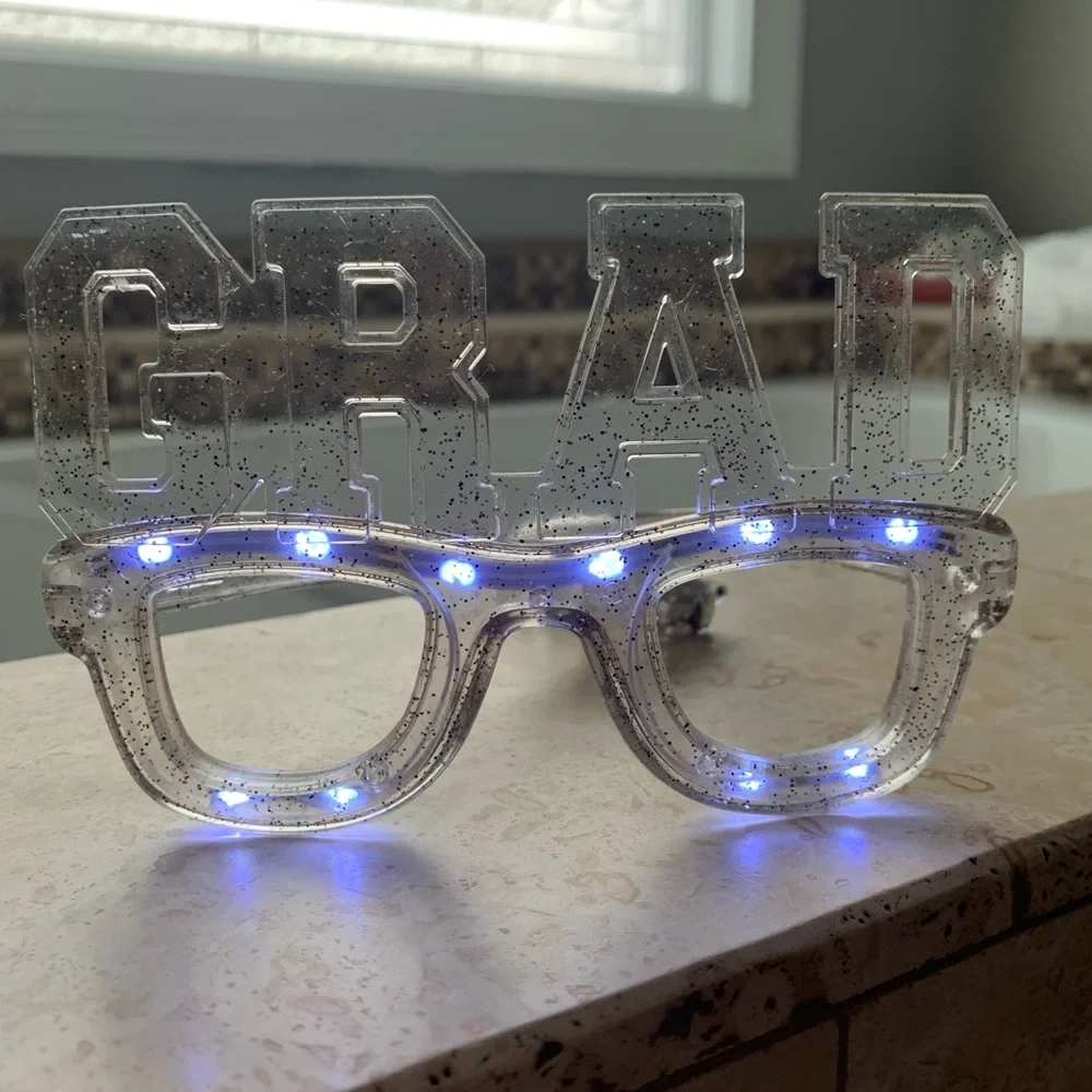 LED Light-Up Black, Silver & Gold Glitter GRAD Graduation Plastic Glasses